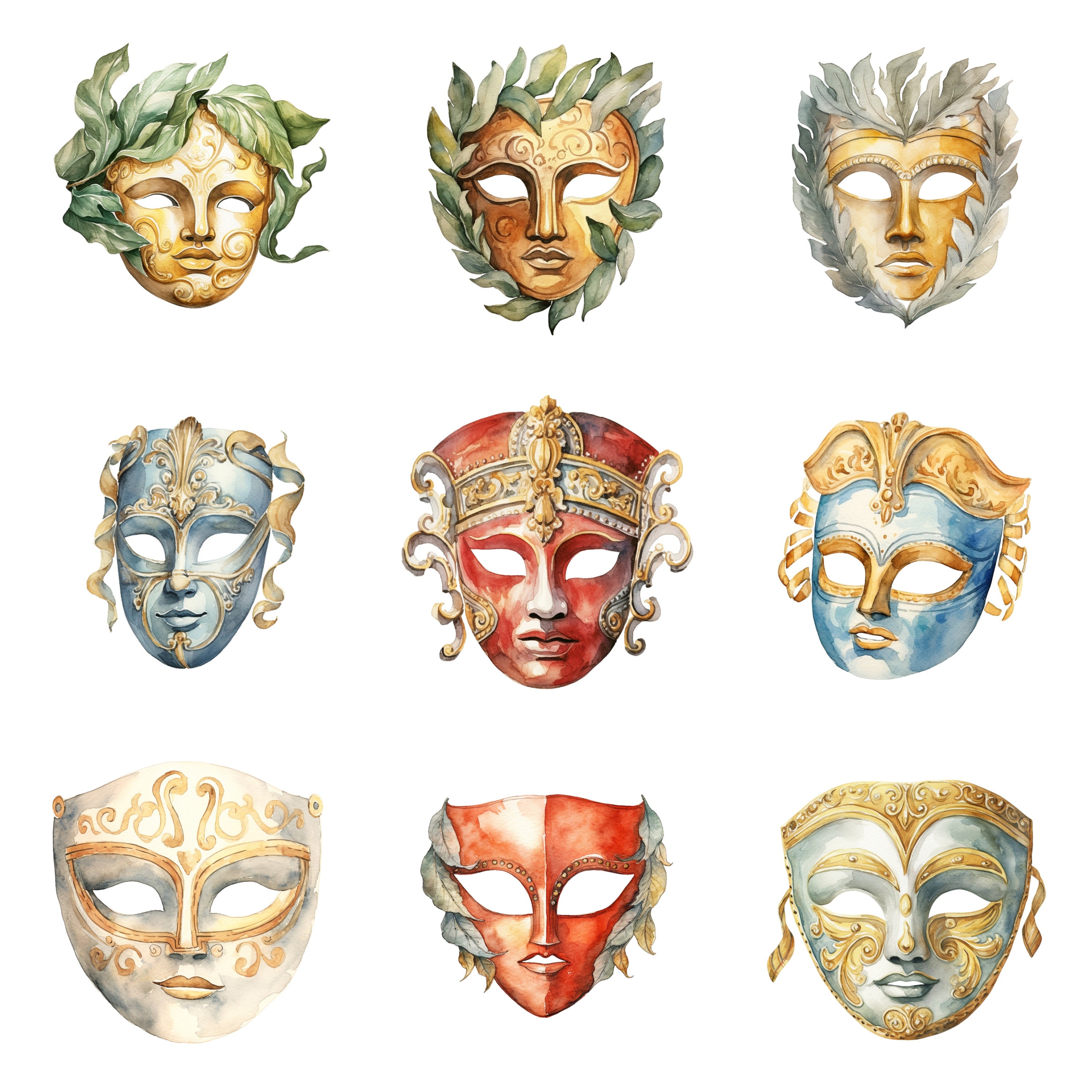 42 Greek Theater Masks Watercolor Clipart, Berries Clipart, PNG ...