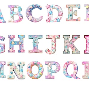 Estrellas Alfabeto Acuarela, Letras de estrellas, fondo transparente, alta calidad, imágenes prediseñadas, 12x12, uso comercial