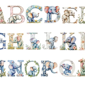 Elefante Alfabeto Acuarela, Letras de elefante, fondo transparente, alta calidad, imágenes prediseñadas, 12x12, uso comercial