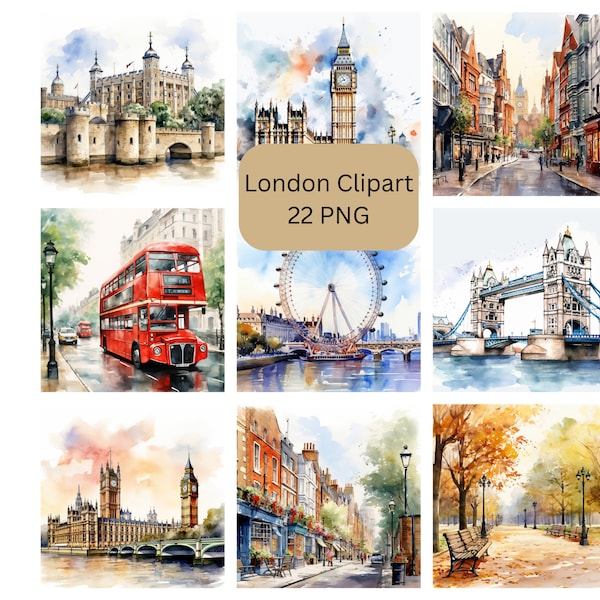 Watercolor London Clipart, PNG digital files, scrapbook, invitations, commercial use