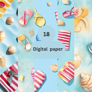 Flip Flop Beach Digital Paper Pack – Summer Towel and Seashell Backgrounds, Coastal Scrapbook Patterns, 18 Sheets