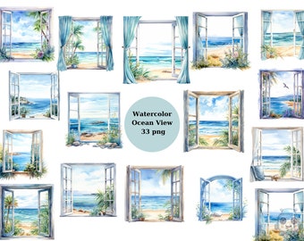 Watercolor Ocean View Clipart, PNG individual images on transparent background, sublimation, commercial use