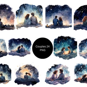 24 stellen onder de sterrennacht Clipart, Lovers Clipart, individuele png-afbeeldingen op transparante achtergrond, sublimatie