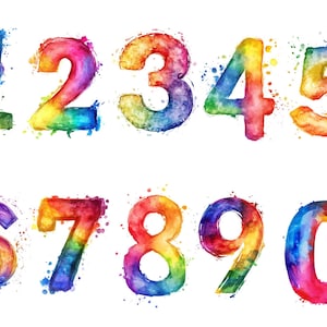 Clipart chiffres aquarelle arc-en-ciel - téléchargement immédiat de chiffres PNG éclatants pour un usage commercial, haute résolution, usage commercial