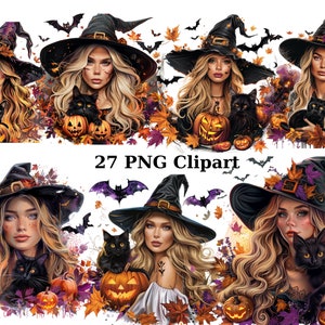 Blonde heks met zwarte kat aquarel clipart, halloween clipart, individuele png-afbeeldingen op transparante achtergrond, sublimatie