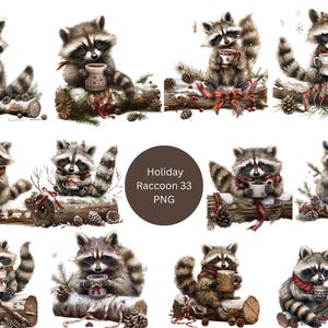 33 ratons laveurs avec des cliparts chocolat chaud, des cliparts Noël, images individuelles PNG sur fond transparent, sublimation