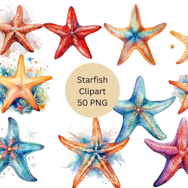 Watercolor Starfish Clipart, PNG digital files on transparent background, sublimation, commercial use