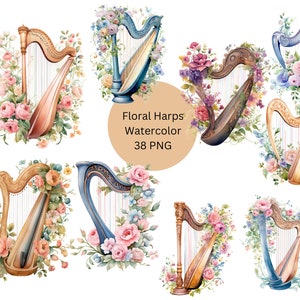 Watercolor Floral Harps Clipart, PNG digital files on transparent background, sublimation, commercial use