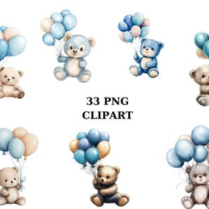 Clipart de ballons adorables ours en peluche, 33 images PNG sur fond transparent, parfait pour une décoration de fête d'enfants