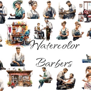May include: Watercolor illustrations of barbers in various poses, including cutting hair, shaving, and styling. The illustrations are in a vintage style and feature a variety of tools and equipment, such as scissors, razors, and combs. The text "Watercolor Barbers" is written in a decorative font.