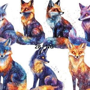 28 renards célestes clipart aquarelle, images individuelles PNG sur fond transparent, sublimation