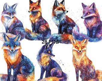 28 Celestial Foxes Watercolor Clipart, PNG individual images on transparent background, sublimation