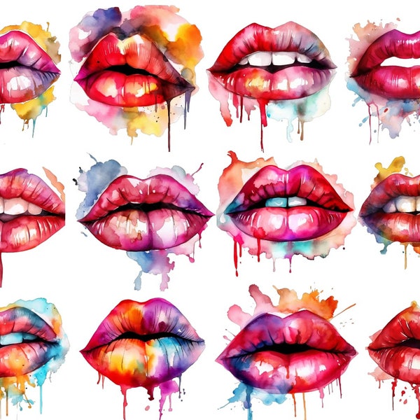 Watercolor Glossy Lips Clipart, PNG images, transparent background, high quality, 12x12, commercial use