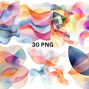 May include: A set of 30 digital PNG files featuring abstract watercolor designs in various shades of blue, pink, orange, and yellow. The designs include flowing lines, geometric shapes, and overlapping layers.