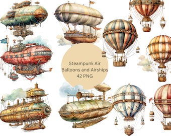 Acquerello Steampunk Air Balloons e Airships Clipart, file digitali PNG su sfondo trasparente, uso commerciale