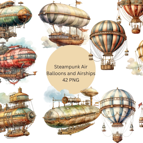 Aquarel Steampunk luchtballonnen en luchtschepen clipart, digitale PNG-bestanden op transparante achtergrond, commercieel gebruik