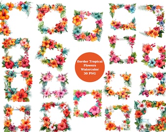 Watercolor Border Tropical Flowers Clipart, PNG individual images on transparent background, sublimation