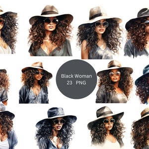 23 Black Women with Hats Watercolor Clipart, Women of Color Clipart, PNG individual images on transparent background, sublimation