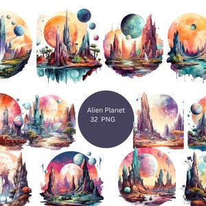 32 Alien Planets Watercolor Clipart, Science Fiction Clipart, PNG individual images on transparent background, sublimation