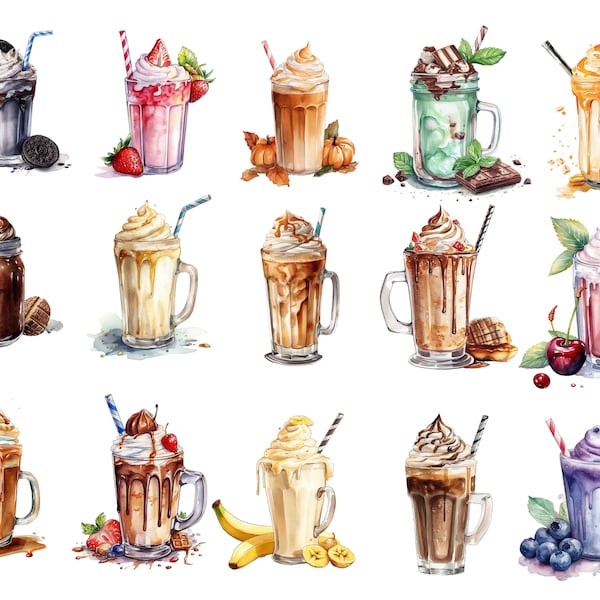 Watercolor Milkshakes Clipart, PNG digital images, transparent background, high quality, 12x12, commercial use, instant download