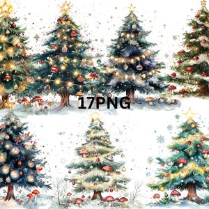 17 Árboles de Navidad brillantes, imágenes prediseñadas de acuarela, imágenes PNG individuales sobre fondo transparente, sublimación