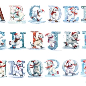 Alphabet du pays des merveilles d'hiver - adorables lettres d'ours polaire pour une décoration festive, images individuelles PNG sur fond transparent, sublimation