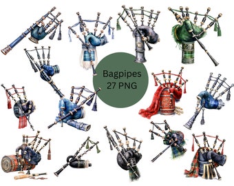 Watercolor Bagpipes Clipart, Instruments Clipart, PNG digital files on transparent background, sublimation design, scrapbook, commercial use