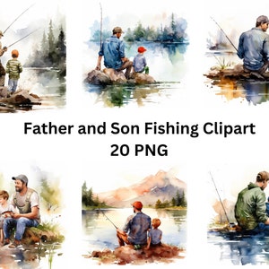 Acuarela Padre e Hijo Pescando Clipart, fondo transparente, alta calidad, imágenes prediseñadas, 12x12, uso comercial