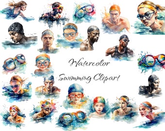 Watercolor Swimming Clipart, PNG digital files on transparent background, scrapbook, invitations, commercial use, instant download