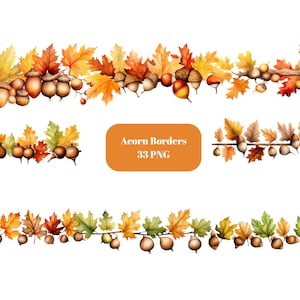 33 Eichel und Ahornblätter Borders Aquarell Clipart, Border Clipart, PNG einzelne Bilder auf transparentem Hintergrund, Sublimation
