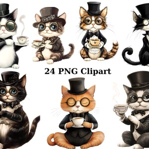 24 Gentleman Katzen Aquarell Clipart, Whimsical Clipart, PNG einzelne Bilder auf transparentem Hintergrund, Sublimation