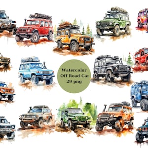 Aquarell Off Road Car Clipart, PNG Einzelbilder auf transparentem Hintergrund, Sublimation, kommerzielle Nutzung