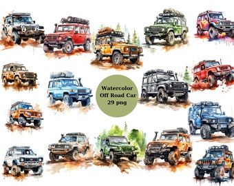 Watercolor Off Road Car Clipart, PNG individual images on transparent background, sublimation, commercial use