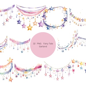 32 Märchengirlanden Aquarell Clipart, Girlanden Clipart, PNG einzelne Bilder auf transparentem Hintergrund, Sublimation