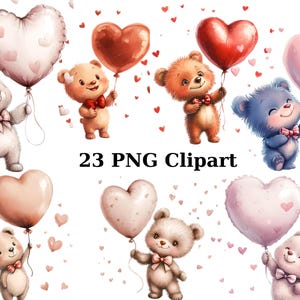 23 Urso bebê com balão em forma de coração Clipart de aquarela, Clipart de dia dos namorados, imagens individuais PNG em fundo transparente, sublimação