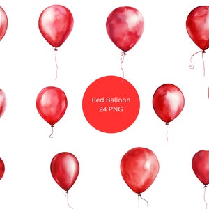 24 cliparts aquarelle de ballons rouges, clipart de ballons, images individuelles PNG sur fond transparent, sublimation