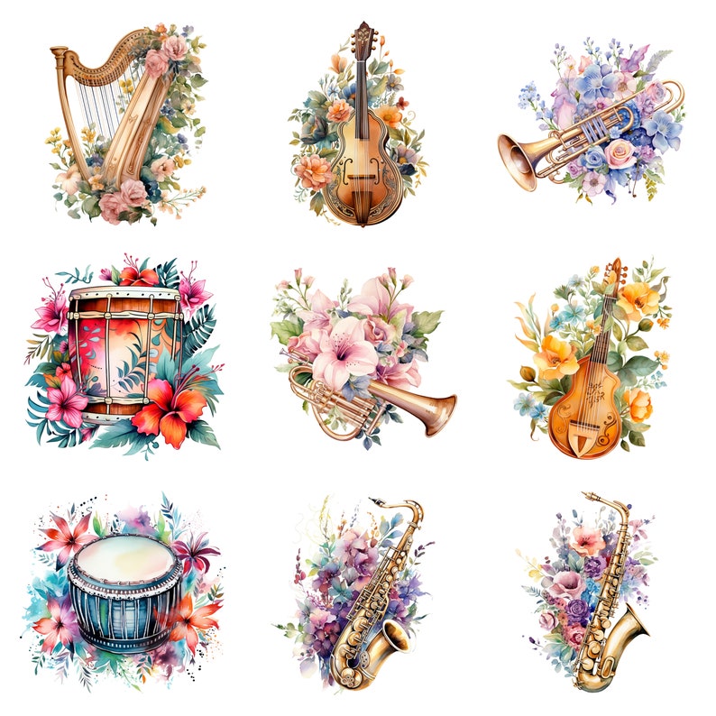 Watercolor Floral Instruments Clipart, PNG Digital Files on Transparent ...