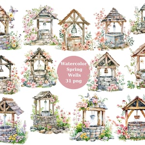Aquarell Spring Wells Clipart, PNG digitale Dateien auf transparentem Hintergrund, Sublimation, kommerzielle Nutzung