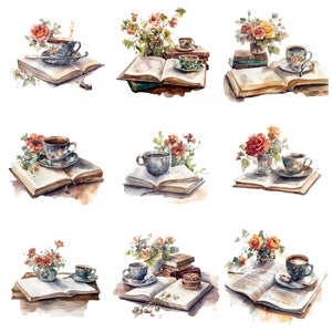 Clipart di caffè e libri ad acquerello, bellissime immagini PNG, sfondo trasparente, alta qualità, 12x12, uso commerciale