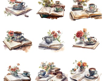 Akvarellkaffe och böcker Clipart, vackra PNG-bilder, transparent bakgrund, hög kvalitet, 12x12, kommersiellt bruk
