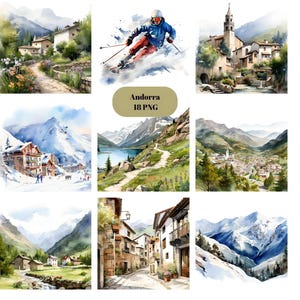 Acuarela Andorra Clipart, Europa Clipart, imágenes individuales PNG sobre fondo transparente, sublimación