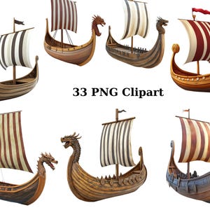 33 barcos vikingos Clipart, Viking Clipart, imágenes PNG individuales sobre fondo transparente, sublimación