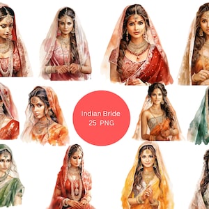 25 Indian Brides aquarel clipart, India clipart, individuele PNG-afbeeldingen op transparante achtergrond, sublimatie