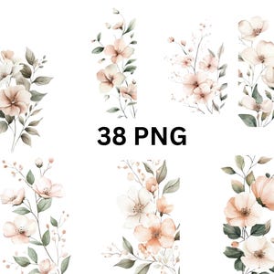 38 elegantes imágenes prediseñadas de acuarela de flores, imágenes prediseñadas florales, imágenes PNG individuales sobre fondo transparente, sublimación