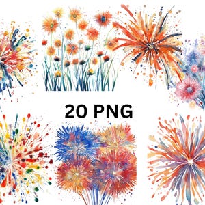 Buntes Feuerwerk und Floral Burst Burst Aquarell - 20 PNG Clipart, PNG Einzelbilder auf transparentem Hintergrund, Sublimation