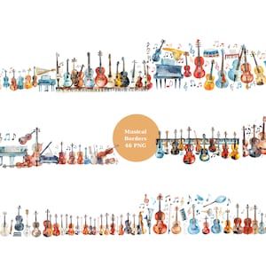 46 Musikalische Borders Aquarell Clipart, Instrumenten Clipart, PNG einzelne Bilder auf transparentem Hintergrund, Sublimation