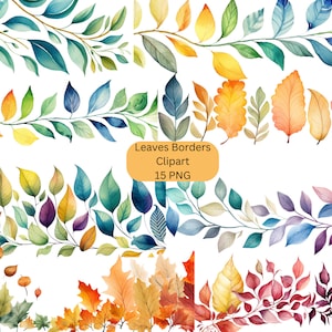 Watercolor Leaves Borders Clipart, PNG digital files on transparent background, sublimation, commercial use
