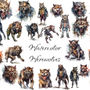 Watercolor Werewolves Clipart, PNG digital files, Halloween, werewolf, scrapbook, invitations, commercial use, instant download