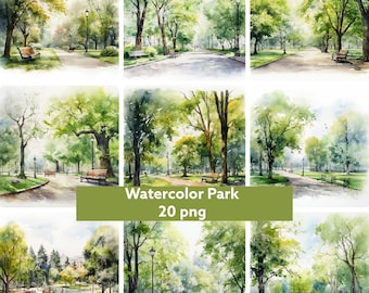 May include: A digital painting of a watercolor park scene with a path leading through the trees. The trees are green and lush, and the path is lined with benches. The painting is a beautiful and serene depiction of a park.