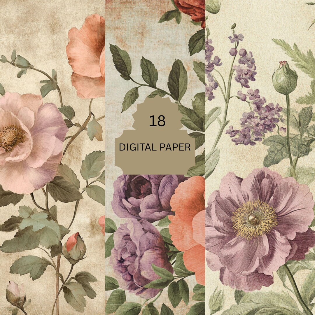 Vintage Floral Digital Paper Pack – 18 Antique Flower Backgrounds for ...